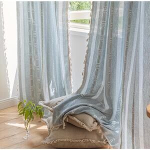 NWT ColorBird Curtains Grey Blue Embroidery Boho Linen Darkening Drape- (1)